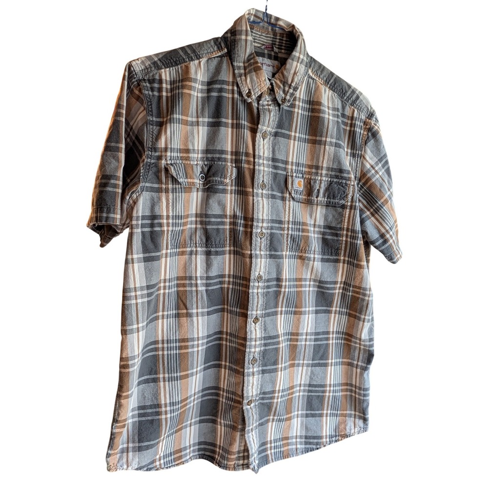 Carhartt Mens Relaxed Fit Plaid Short Sleeve Button Down Shirt Grey Brown L Tall